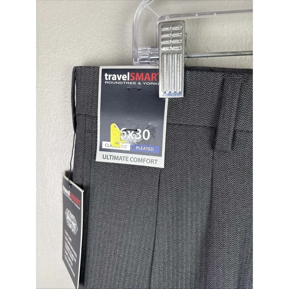 Travel Smart Mens Classic‎ Fit Dress Pants 36/ 30 Grey Herringbone Stretch